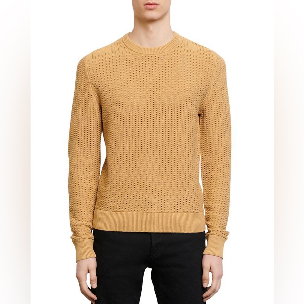 SANDRO PARIS Open-Stitch Knit Cotton Crew-Neck Pullover Sweater In Camel